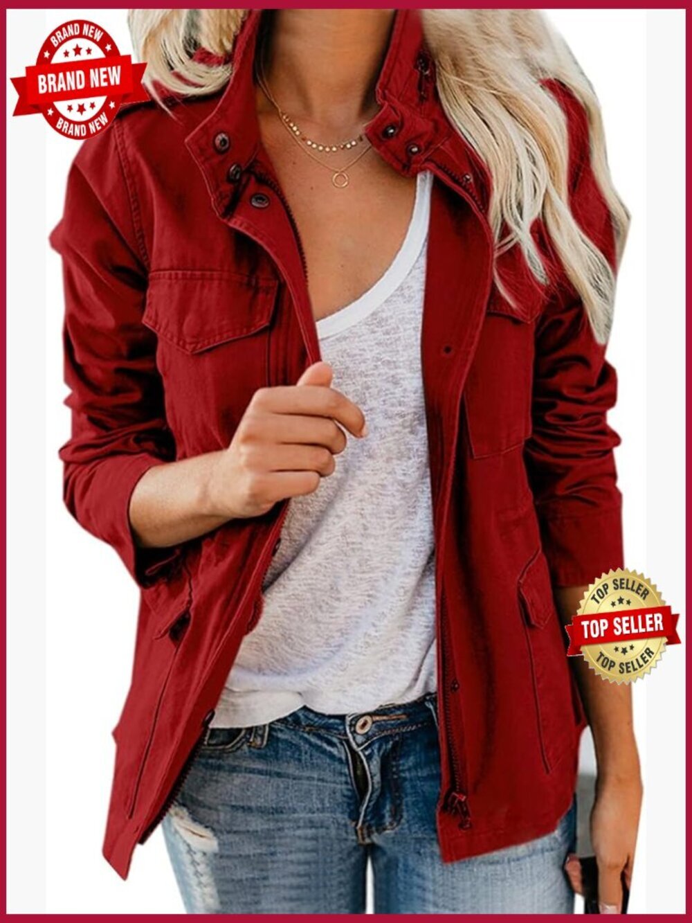 Womens Stand Collar Zip Up Military Cotton Utility Safari Jacket